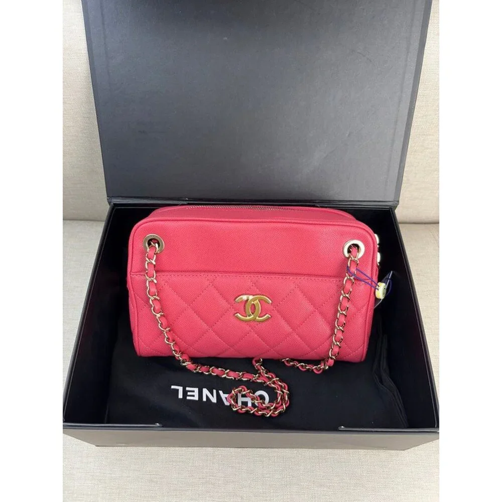 CHANEL Pink Red Caviar Camera Case Bag GHW